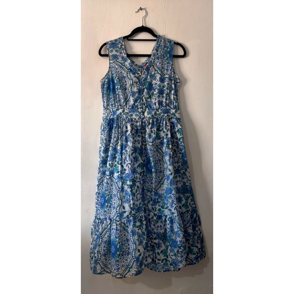 Johnny Was Willow Blue Floral Tank Midi Dress Size S Tiered Ruffle Pockets - Picture 2 of 8